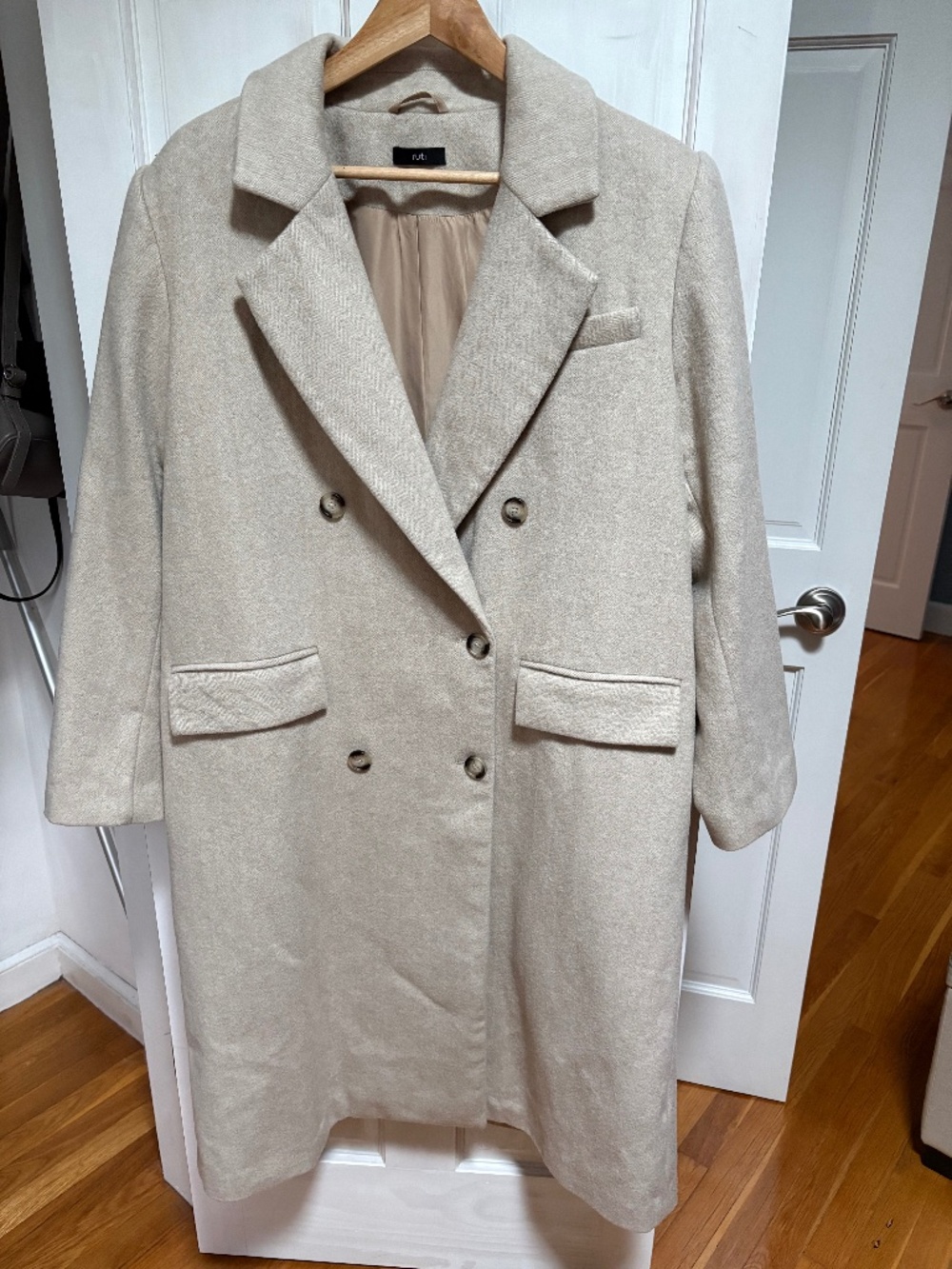 Ruti The Soho Long Wool Coat Double Breasted Oat Herringbone
